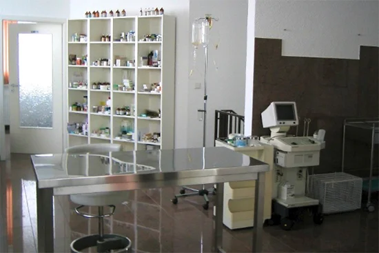 Behandlungsraum der Tierarztpraxis mit Tisch und medizinischen Geräten